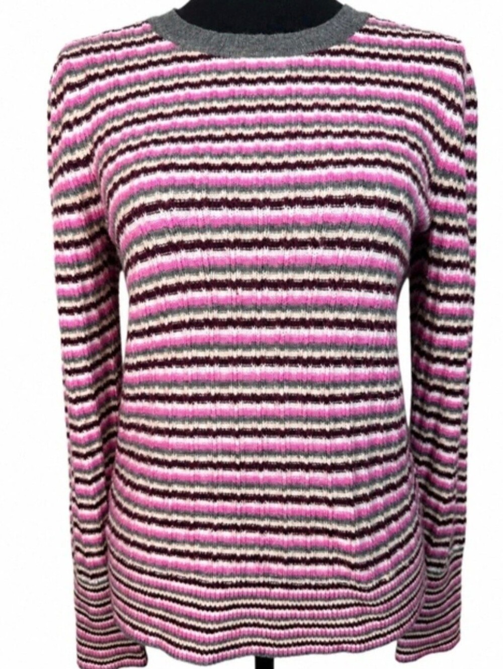 LOFT Pink, Gray & Black Striped Crewneck Sweater